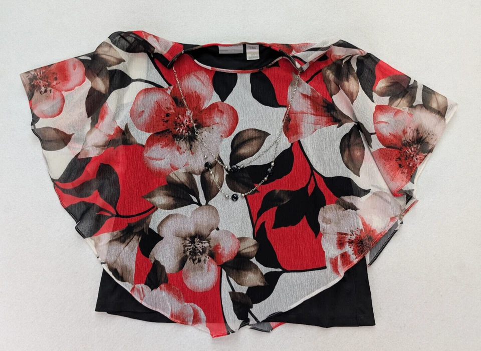 Collar Alfred Dunner Para Mujer Top Talla 16P Negro Rojo Blanco Estampado Floral Flutter Foto 2 de 4