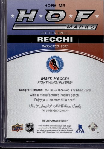 2024-25 SP Game Used HOF Letters Mark Recchi 20/35 - Picture 2 of 2