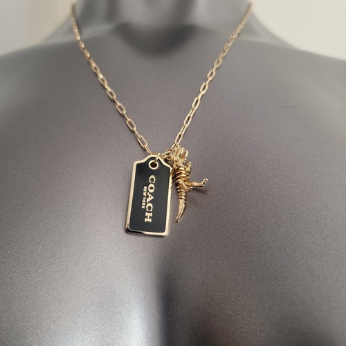 Coach Hangtag Rexy Dinosaur Charm Pendant Necklace Black Gold Tone 422721