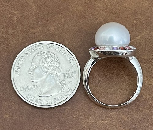 Anillo Halo Gemas Multicolores Perla Blanca Cultivada de Agua Dulce Honora 925 Talla 6 Nuevo sin Etiquetas - Imagen 13 de 15