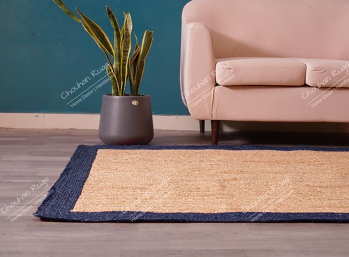 Bohemian Vintage Hand Braided Rectangle Beige Jute Rug With Navy Blue Border - Picture 7 of 8