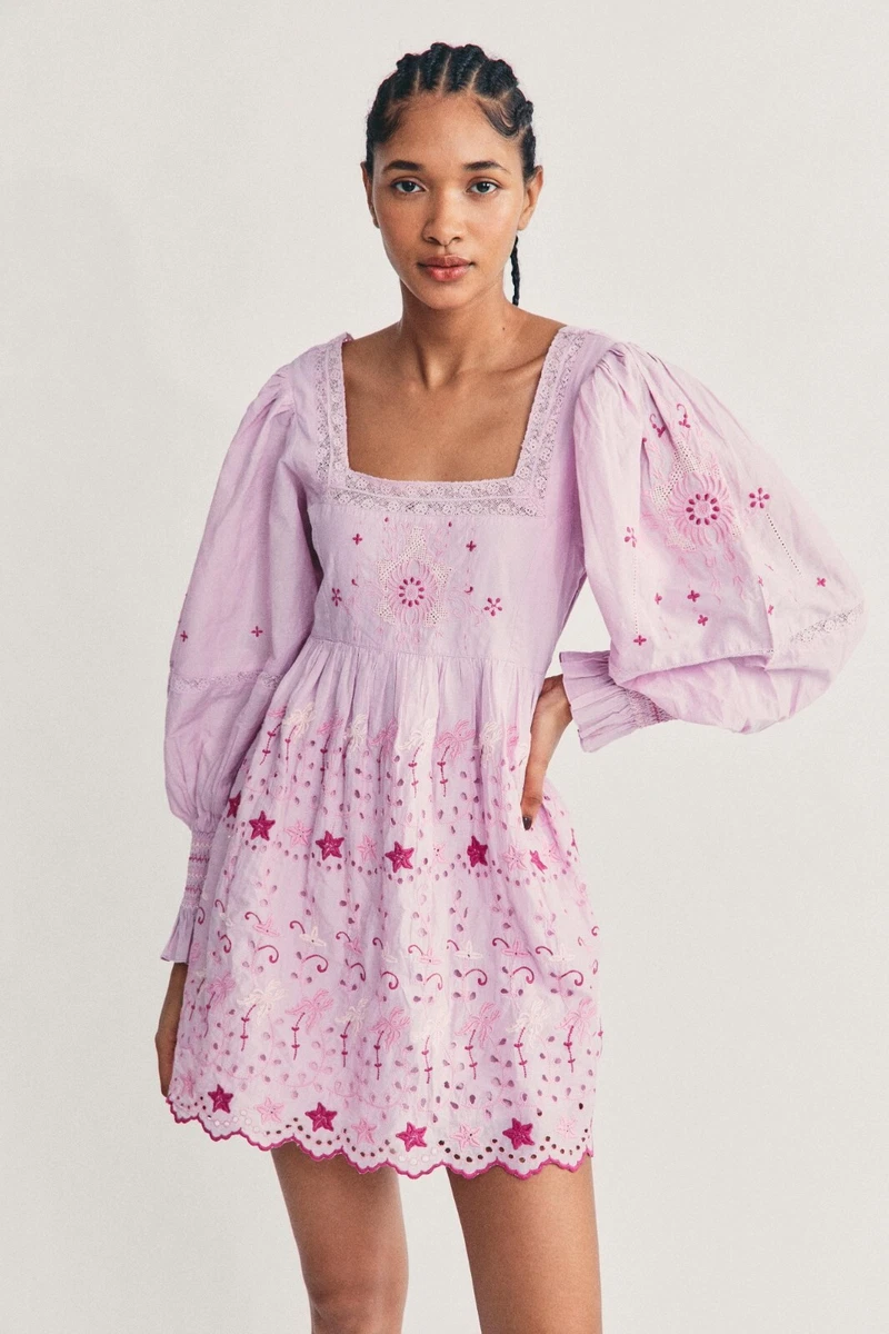 Love Shack Fancy Freja Mini Embroidered Eyelet Puff Sleeve Dress Size 4  Lavender | eBay