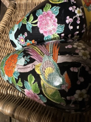 Antike japanische Famille Noir schwarze Emaille Porzellan Vase 8" Vögel Blumen 2 - Bild 18 von 19