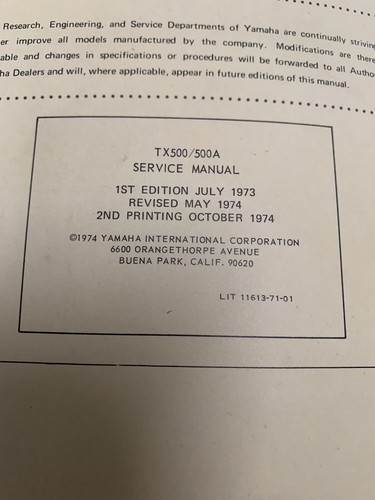 GENUINE YAMAHA 1973-1974 TX500 - TX500A SERVICE MANUAL LIT-11613-71-01 - Picture 7 of 7