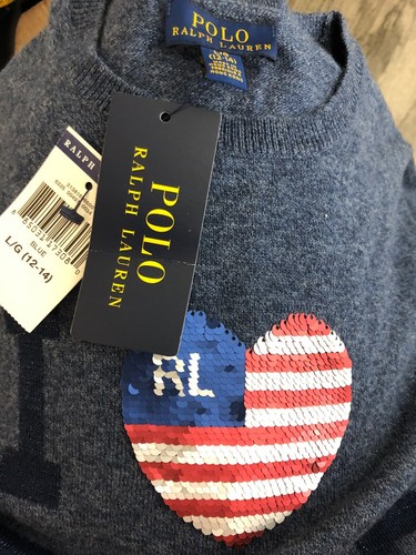 NWT Polo RALPH LAUREN Girls Sweater Blue L (12-14) Sequin HEART FLAG LONG SLEEVE - Picture 3 of 4
