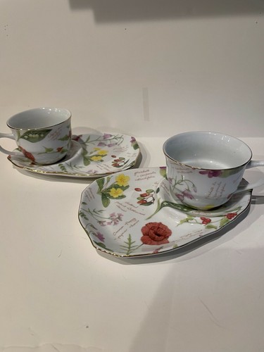 BEAUTIFUL FLORAL SET OF 2 CUPS AND SAUCERS ROSES, LILLIES POPPIES AND MORE - Picture 2 of 6