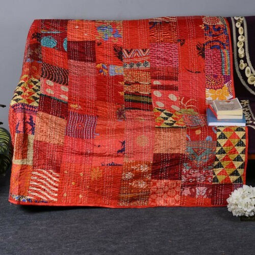 Indian Bohemian Kantha Quilt Handmade Silk Patola Patchwork Bedspread Blanket - Picture 2 of 3