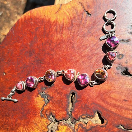 Sarda 7.75"Long Toggle Bracelet 8 Fuchsia to Orange Gemstones Sterling Silver - Picture 10 of 13
