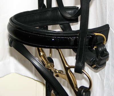 FSS German Leather PATENT GLOSS Comfort GOLD BRASS Padded Crank Flash Nasenriemen