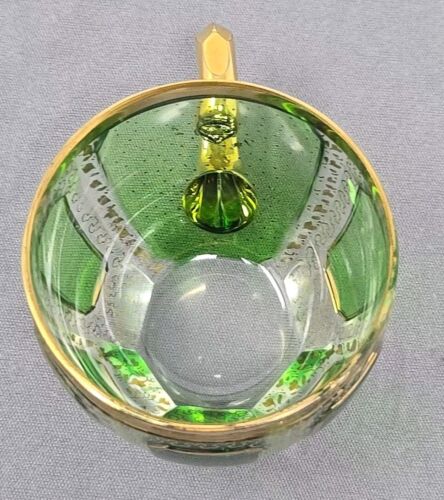 Moser Type Green Cut to Clear Cabochon & Gilt Vermicelli Demitasse Cup & Saucer - Picture 17 of 18
