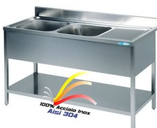 Lavello cm140x60x85 in Acciaio Inox Lavatoio 2 Vasche sx + Ripiano Professionale