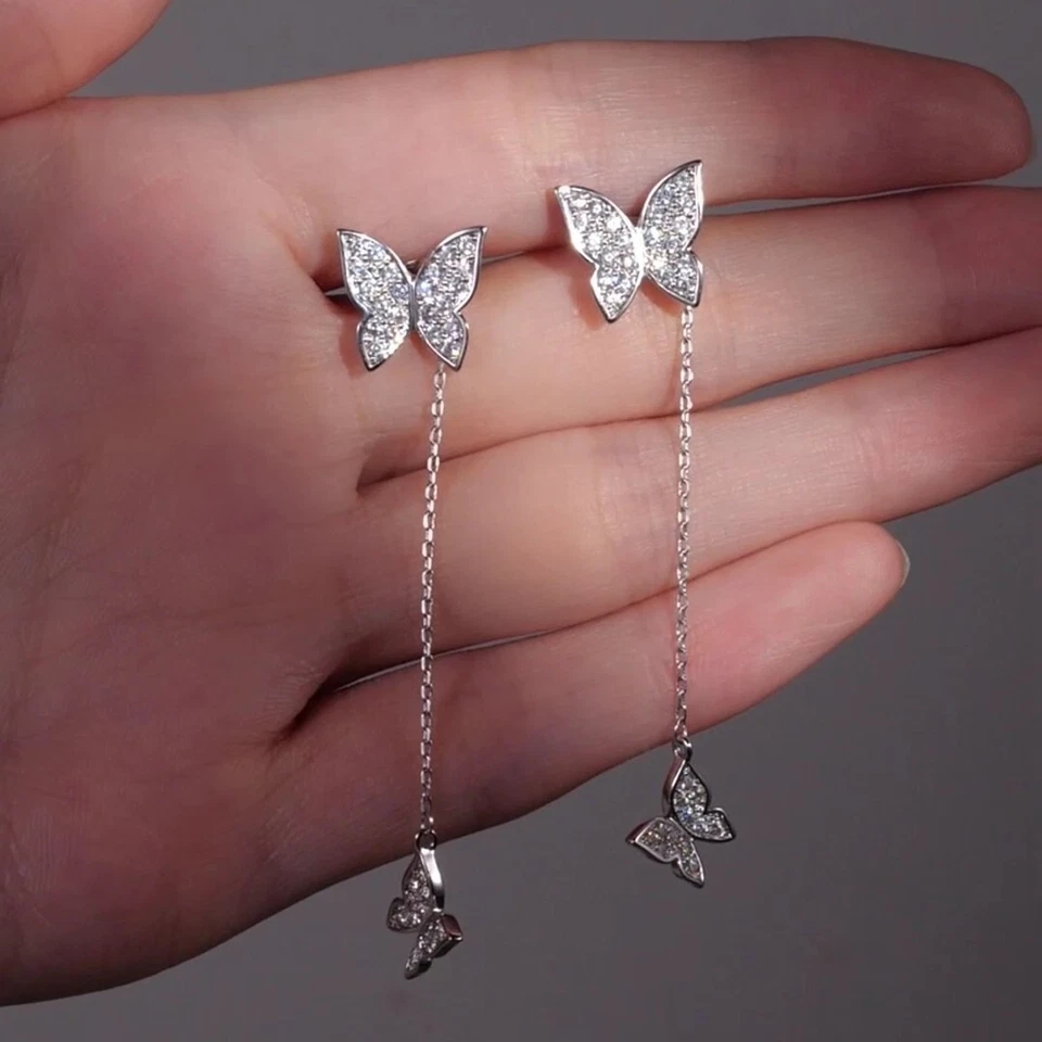 18K WHITE GOLD GF STUD MADE WITH SWAROVSKI CRYSTAL BUTTERFLY EARRINGS 925 SILVER Foto 2 de 4
