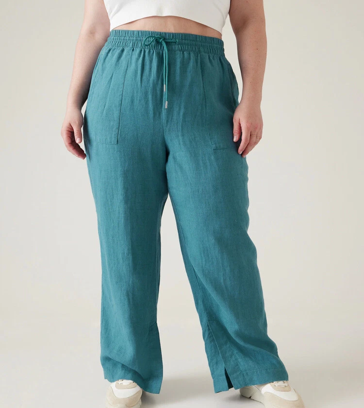 Athleta Retreat Linen Wide Leg Pant, Borealis Green Teal, Size 16, New With  Tags