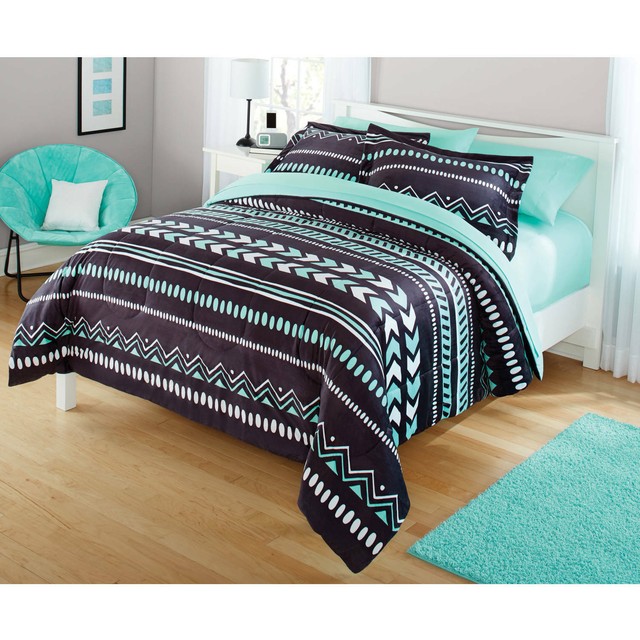 Tribal Chevron Comforter Set Full Queen Reversible Teal Gray White 3 Pc For Tribal Chevron Comforter Set Full Queen, Gray Chevron Bedding Set