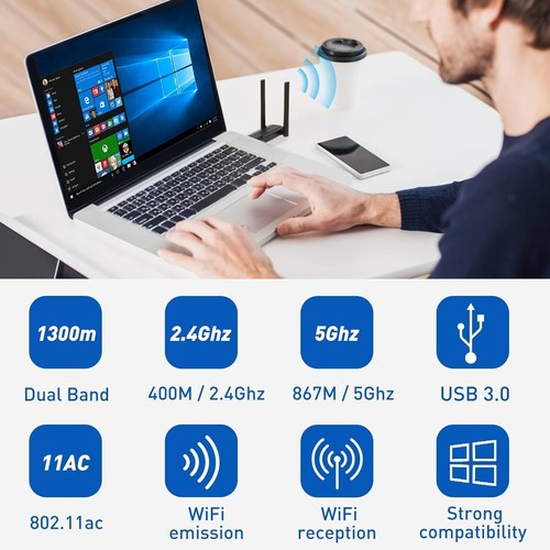 Chiavetta USB WiFi 1300Mbps per PC Fisso USB 3.0 2 Antenne Dual Band 2.4GHz/5.8 - Foto 2 di 7