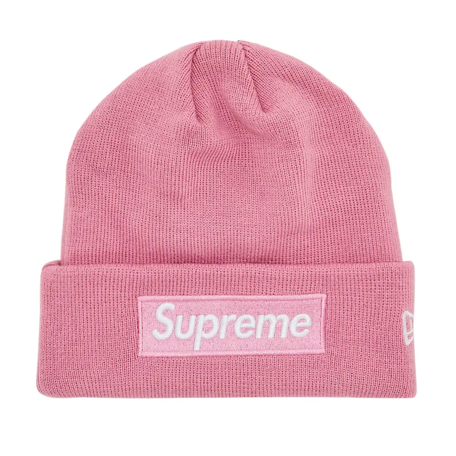 Bonnet Supreme x New Era FW24 boîte logo rose poussiéreux