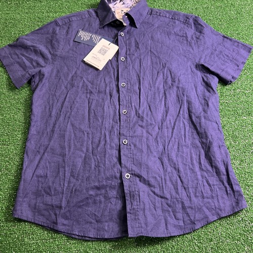 Report Collection Summer Linen Mens Blue Button Down Short Sleeve Size Med NWT - Picture 8 of 11