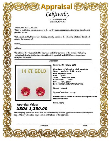 GENUINE 8.62 Cts PINK SAPPHIRE STUD EARRINGS 14K YELLOW GOLD - Free Appraisal - Picture 6 of 6