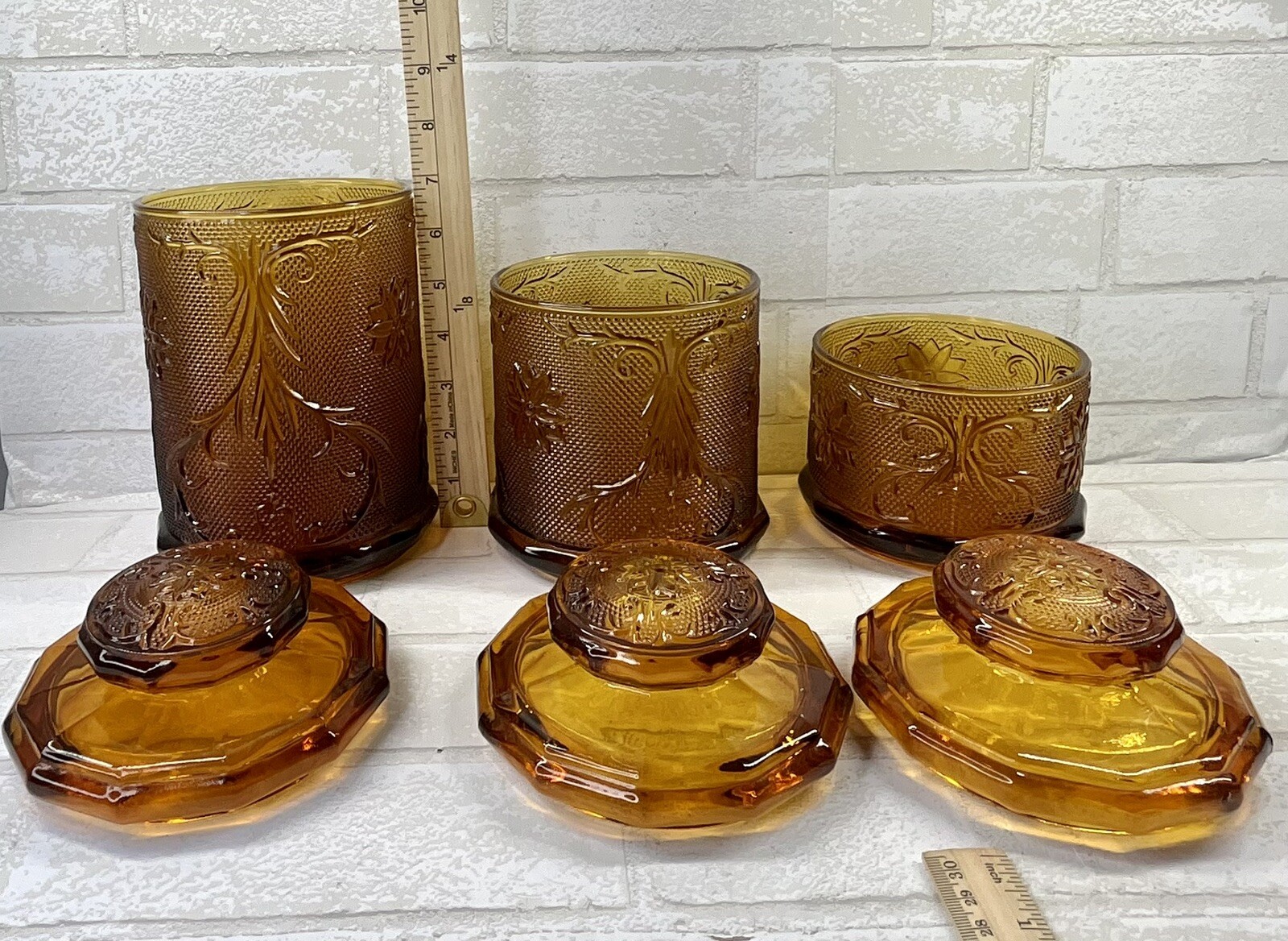 Tiara Indiana Glass Amber 3 Piece Canister Set eBay