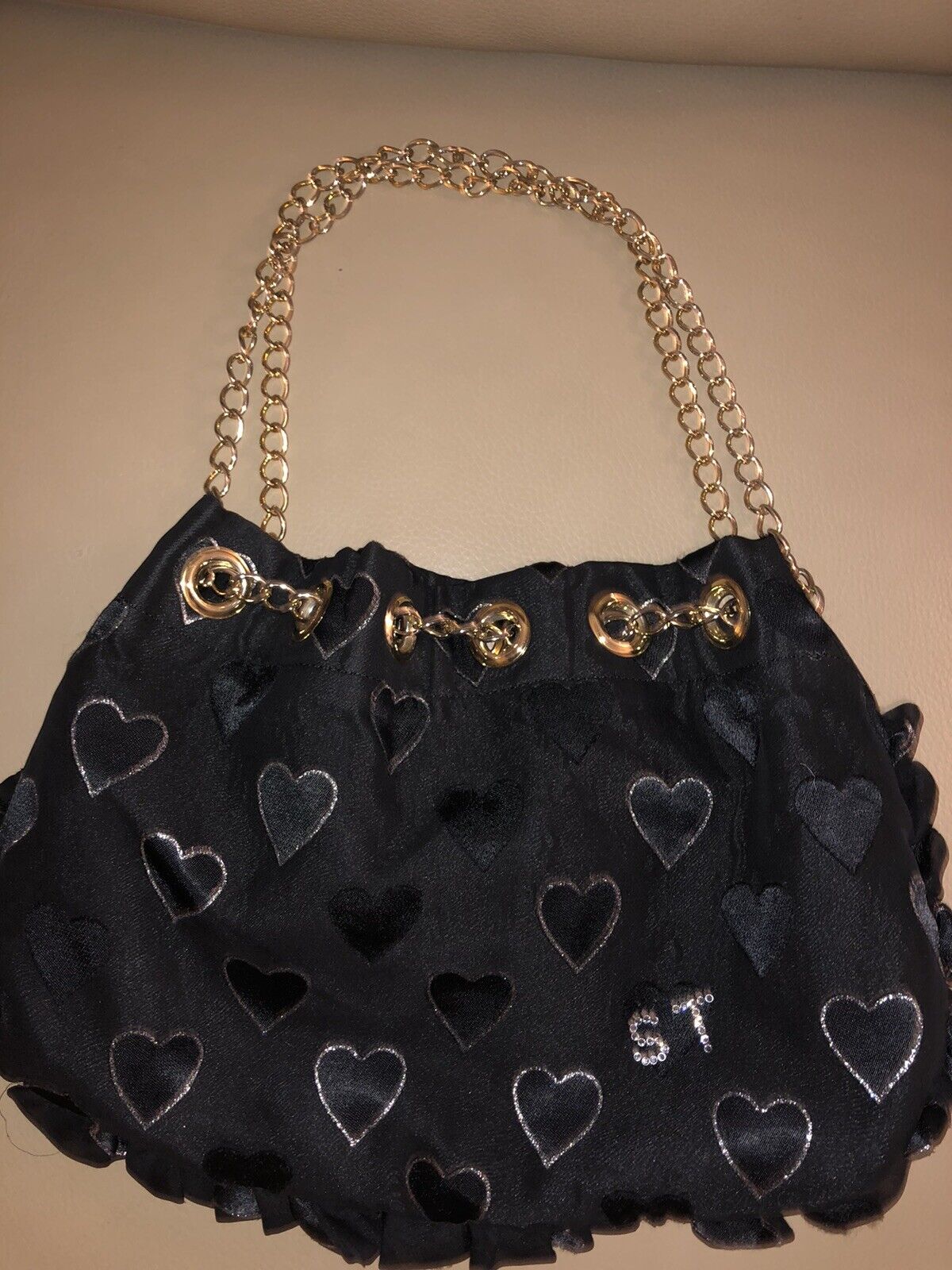 Samantha Thavasa Black Satin Hearts Chain Handbag - image 2