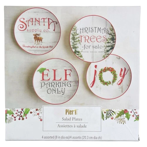 Pier 1 One Holiday Christmas Plates Set 0f 4 Santa Elf Joy Dessert Salad Box 8"