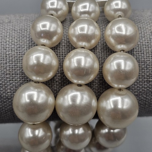 Faux Pearl Memory Wire Bracelet Triple Row Cuff Costume - Picture 2 of 6