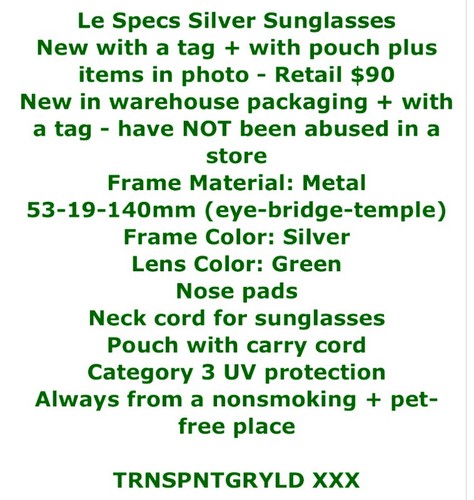 90 $ Le Specs Sonnenbrille silbernes Gestell grüne Gläser 53-19-140 Nasenpolster Etui + Kordeln - Bild 2 von 11