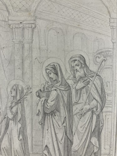Dessin ancien à la mine de plomb Scène religieuse catholique Vierge Marie - Picture 7 of 9