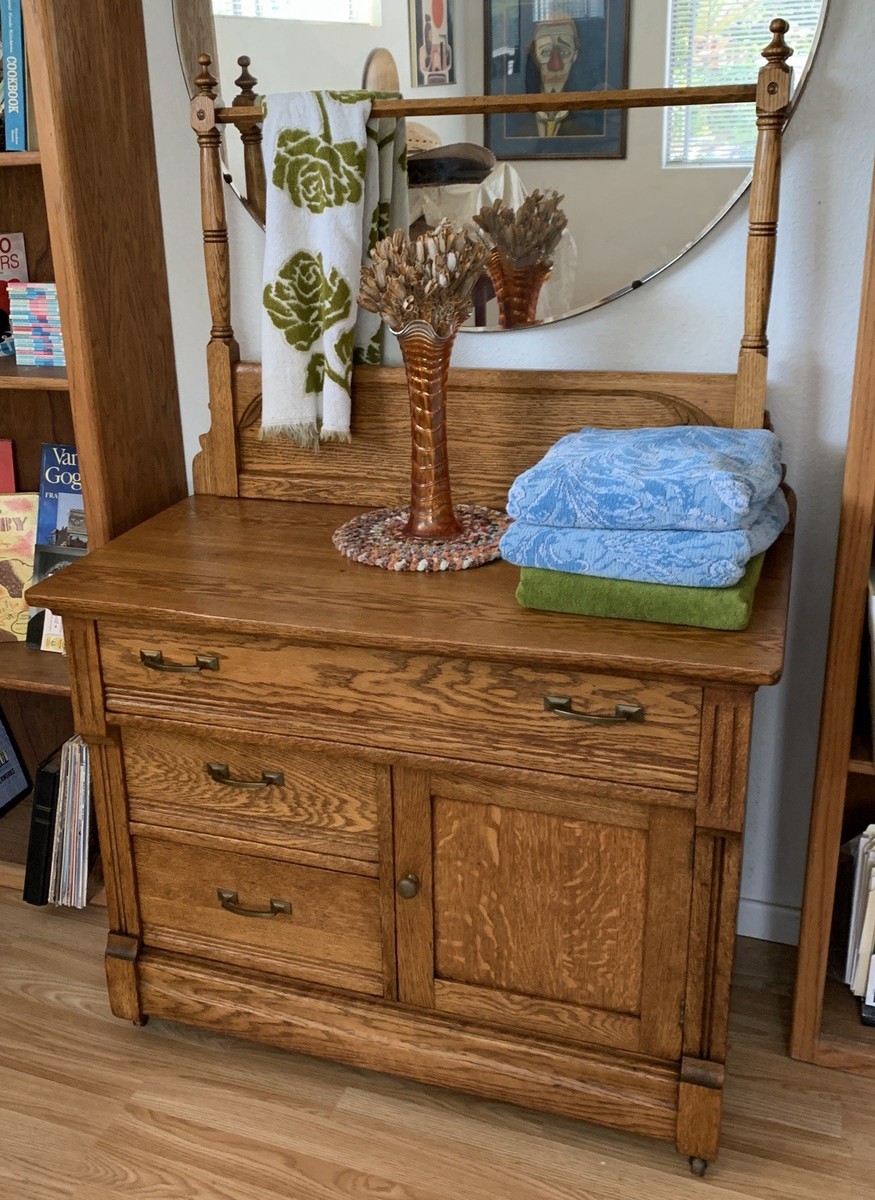 Antique Solid Oak Wash Stand Cabinet with Towel Bar And Mirror