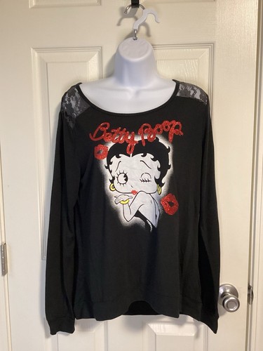 Betty Boop Langarmshirt Junior XL schwarz Grafikdruck Glitzer Goth Emo Y2K