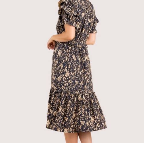 THML Blue Cream Printed Midi Dress Tiered Ruffled Puff Sleeve Tie Front Size S - Picture 2 of 14