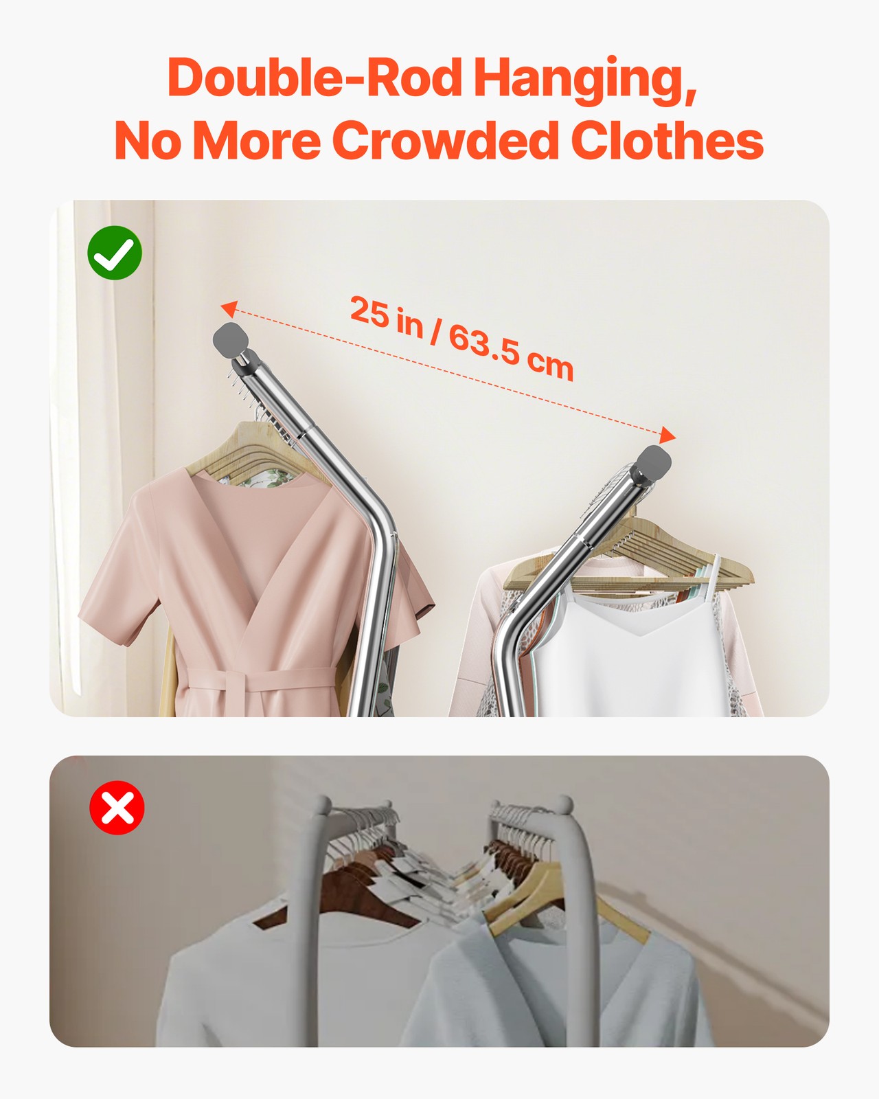 Uimoso Rolling Clothes Garment Rack 2 Hanging Rods & Storage Basket Extendable