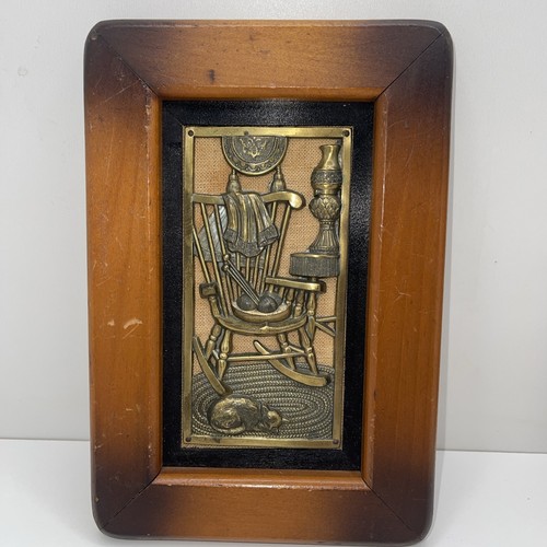 Ucago Japan Brass Relief In Wood Frame Set Of 2 Vintage Rocking Chair Stove - Picture 2 of 13