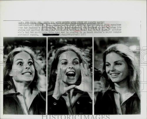 1973 Pressefoto Ruth Ryan quält sich über Ehemann Nolans Spiel in Anaheim, Kalifornien