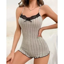 Sexy Sleepwear for Women Ribbed Knit Pajama Romper Jumpsuit One Piece Bodysuit