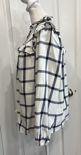 J. CREW Ruffle Popover Top Flannel Small White Windowpane Plaid Cottagecore - Picture 6 of 21