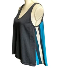 Loft Mixed Media Tank Top V Neck Sleeveless Blue Gray Knit Flowy Stripes Medium