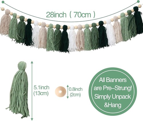 Green Tassel Wood Bead Garland Wall Hanging In Home Decor For Banner - Picture 5 of 9