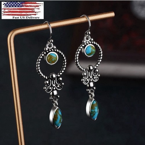 Elegant Boho Drop Earrings vintage 925 Silver Plated Blue Jewelry A38