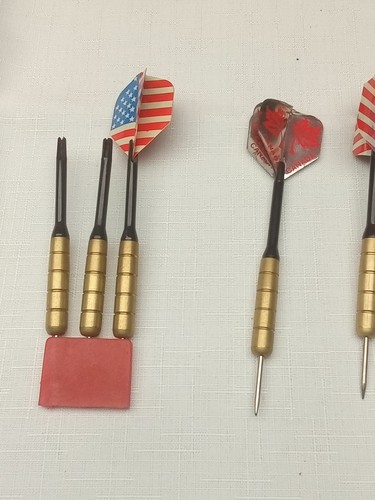 Vintage Brass Darts Set With USA & CanFlag Flight Steel Tip Retro Dartboard Game - Picture 2 of 7