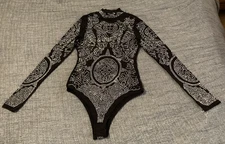 Fashion Nova Silver Sequin Women's Long Sleeve Black Bodysuit Size Medium