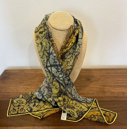 VERA NEUMANN Vintage MOD 1970’s Silk Scarf 44x13.5 Yellow Gray Baroque Verasheer