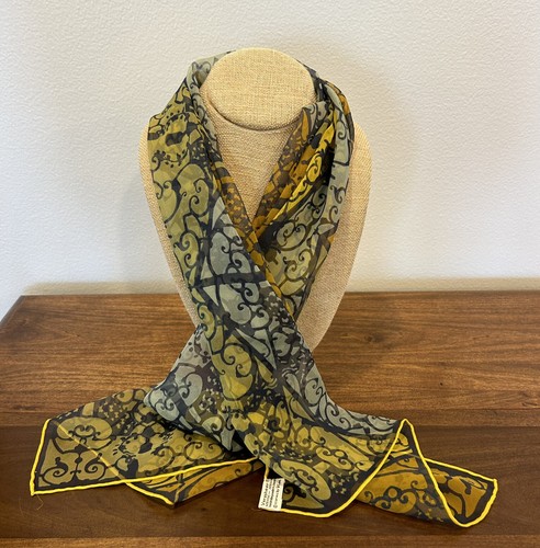 VERA NEUMANN Vintage MOD 1970’s Silk Scarf 44x13.5 Yellow Gray Baroque Verasheer - Picture 1 of 6