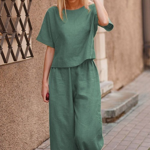 Womens 2pcs Cotton Linen Summer Tracksuit Sets T Shirt Tops Long Pants Outfit SZ - Picture 10 of 25