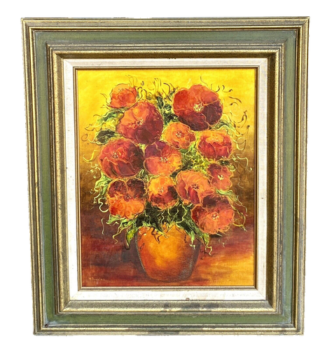 Vintage Mid-Century gerahmtes Mohn/Blume Ölgemälde, signiert H Douglasie, 24" x 28" - Bild 9 von 9