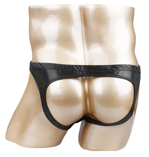Sexy Bragas Breves Gay Jockstrap Pene Abierto y Botín Mojado Patente Cuero Look Reino Unido - Imagen 5 de 6