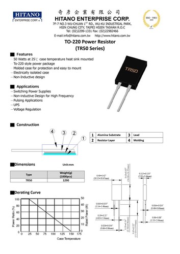 50W 22Ohm ±5% Widerstand TO-220 Hitano ±200 PPM/℃ TR50JBF0220 - Imagen 2 de 3