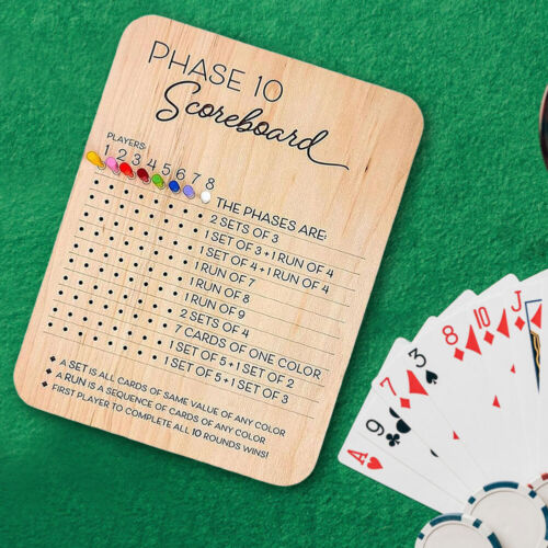 Phase 10 Score Board W/8 Colored Pegs Phase 10 Score Sheet Table Board Card Game - Bild 4 von 9