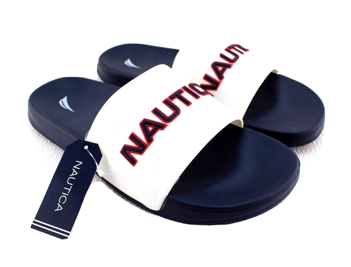 NAUTICA Stono 1 Size 9 White with Red & Blue Raised Logo Slide Men's Sandals