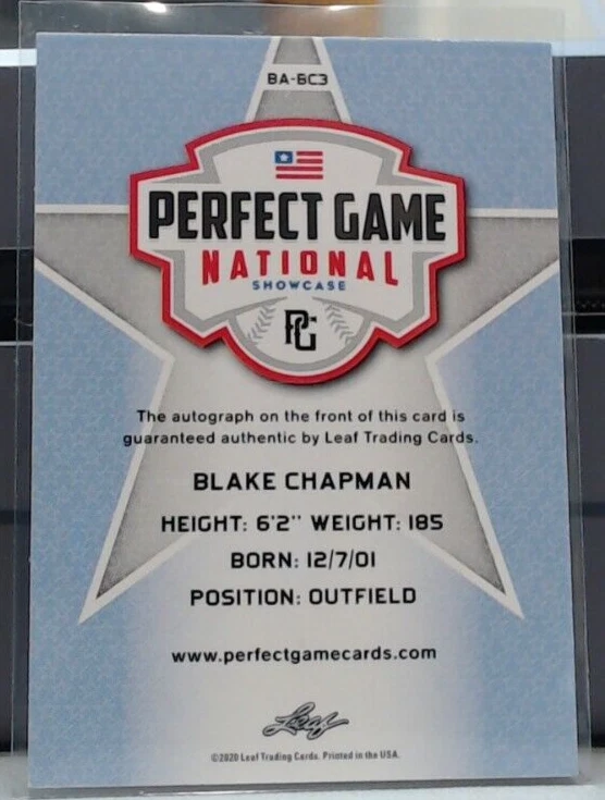 2020 LEAF PERFECT GAME BLAKE CHAPMAN ROOKIE AUTO /50 #BA-BC3 MSK - Image 2 of 2